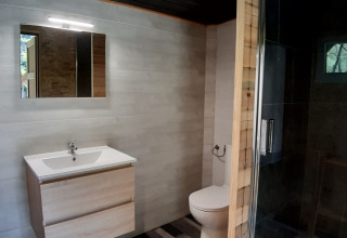 Salle de bain moderne dans une cabane perchée au Camping Ushuaïa Villages Le Viaduc, avec douche et lavabo.