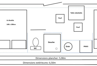 Floor plan of Magic hut at Campsite Ushuaïa Villages Le Viaduc showing beds, kitchen, bathroom and living zones.