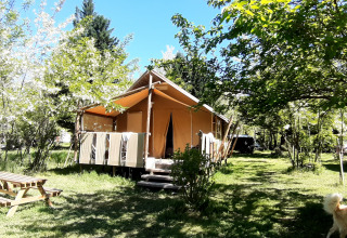 Safari tent Jungle Lodge at Campsite Ushuaïa Villages Le Viaduc in France, surrounded by trees and grass.