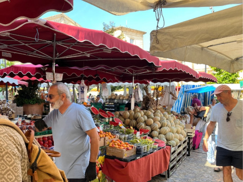 Des gens achètent des fruits frais sur un marché animé d'Apt, Provence, sous des auvents rouges.