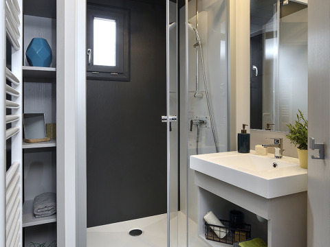 Baño moderno de una lodge con ducha de vidrio, lavabo blanco, espejo y estantería con decoración.