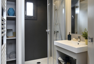 Modernes Badezimmer in einer Lodge mit Dusche, Waschbecken, Spiegel, Regalen und Dekoration.