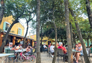Ospiti che cenano all'aperto sotto gli alberi al Domaine des Chênes Blancs in Provenza, Francia.