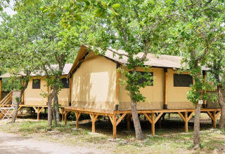 Op palen gebouwde hutten tussen bomen in vakantiepark Domaine des Chênes Blancs in de Provence-Alpes-Côte d’Azur, Frankrijk