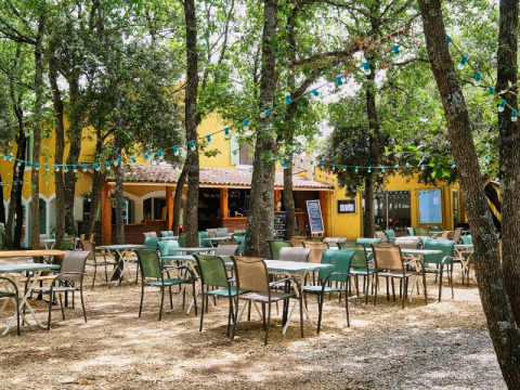 Gezellig terras bij Domaine des Chênes Blancs in Provence, tussen bomen en met lichtjes versierd.