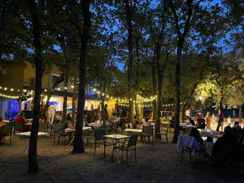 Dîner en plein air au Domaine des Chênes Blancs en Provence, France, sous des guirlandes lumineuses le soir.