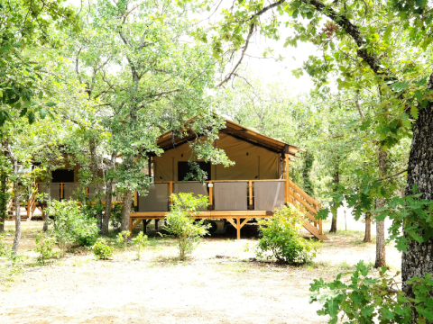 PREMIUM Lodge Safarizelt im Domaine des Chênes Blancs, Frankreich, umgeben von grünen Bäumen.