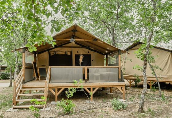 Safaritent Lodge COSY omgeven door bomen, verhoogd op een houten platform met veranda en trap.