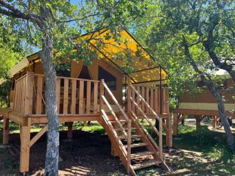 Safari tent called Bungalowtent placed on a raised wooden deck among green trees and natural sunlight.