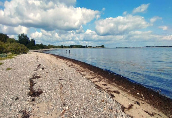 Rocky beach with sea view and blue sky, photo taken at 4 person holiday home in Haderslev, Denmark.