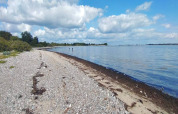 Spiaggia sassosa con vista sul mare e cielo azzurro presso casa vacanze per 4 persone a Haderslev, Danimarca.