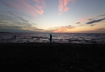 Sonnenuntergang über dem Meer am Strand beim 4-Personen-Ferienhaus in Haderslev, Dänemark, mit Silhouetten.