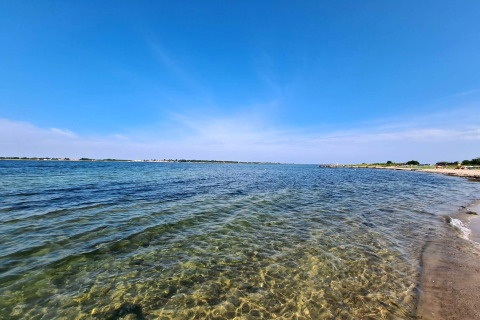 Vue de plage depuis « maison de vacances 4 personnes à Haderslev » au Danemark, eau claire et ciel bleu.