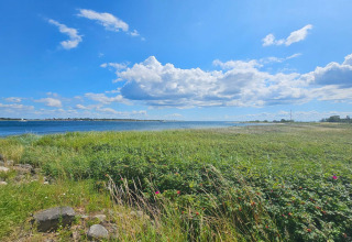Vue sur prairie verte et côte sous ciel bleu prise à la 'Maison de vacances 4 personnes à Haderslev', Danemark.