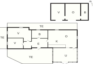 Plantegning af et feriehus i Glesborg, Danmark, med værelser, stue, køkken og udendørs område.
