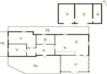 Planimetria di una casa vacanze a Glesborg, Danimarca, con camere, bagno, soggiorno e terrazza.