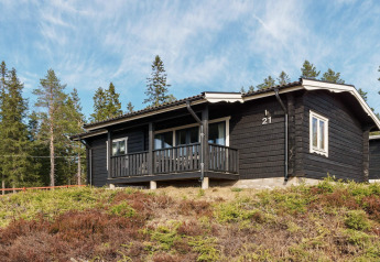 Cabaña negra para 6 personas en Kopparberg, con terraza y rodeada de bosque de pinos bajo un cielo azul.