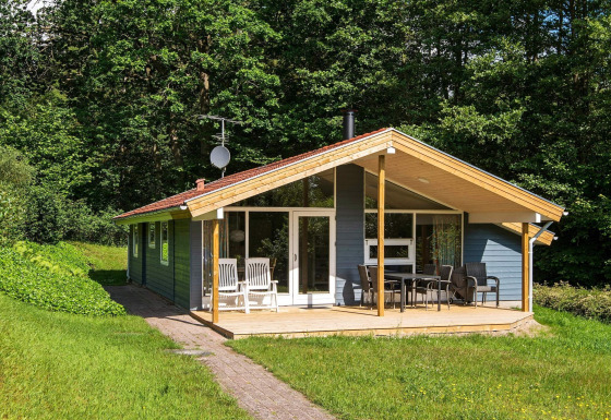 Knus vakantiehuis voor 6 personen in Børkop met groot terras midden in de natuur en bosrijk uitzicht.