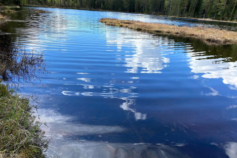 Meer met reflecties van wolken en bomen bij een 6-persoons vakantiehuis in Kopparberg, Zweden.