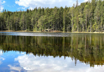 Tranquil lake reflecting forest and sky near the 6 person holiday home in Kopparberg, Sweden.