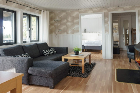 Woonkamer met grijze bank, salontafel en knusse inrichting in 6-persoons vakantiehuis in Kopparberg, Zweden.