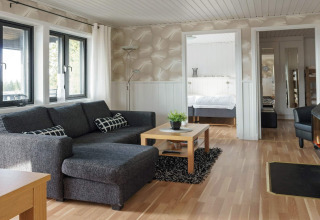 Woonkamer met grijze bank, salontafel en knusse inrichting in 6-persoons vakantiehuis in Kopparberg, Zweden.