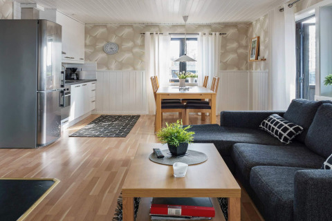 Moderne woonkamer en open keuken in een 6-persoons vakantiehuis in Kopparberg, Zweden, met veel daglicht.
