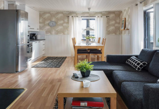 Moderne woonkamer en open keuken in een 6-persoons vakantiehuis in Kopparberg, Zweden, met veel daglicht.