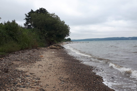 Rotsachtig strand en golven bij een vakantiehuis in Børkop, Denemarken, met bewolkte lucht en bomen.