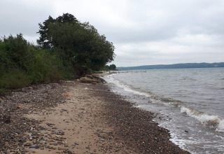 Rotsachtig strand en golven bij een vakantiehuis in Børkop, Denemarken, met bewolkte lucht en bomen.