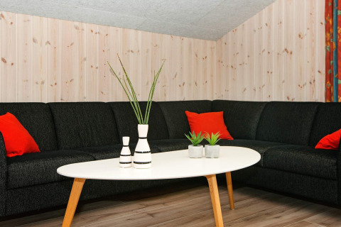 Woonkamer in vakantiewoning in Børkop met zwarte bank, rode kussens en witte salontafel met decoratie.