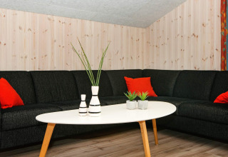 Woonkamer in vakantiewoning in Børkop met zwarte bank, rode kussens en witte salontafel met decoratie.