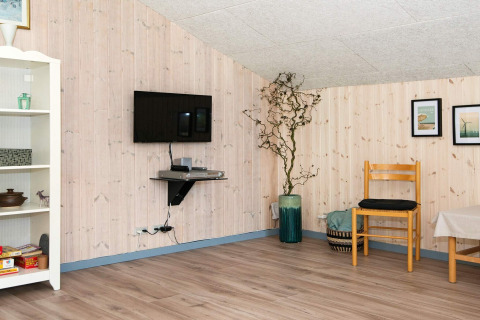 Woonkamer in vakantiehuis in Børkop met houten wanden, wand-tv, plank, stoel en sierplant.