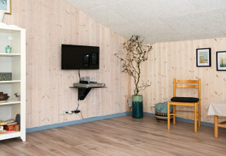 Woonkamer in vakantiehuis in Børkop met houten wanden, wand-tv, plank, stoel en sierplant.