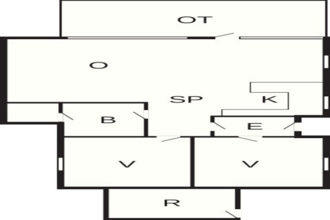 Plattegrond van 6-persoons vakantiehuis in Børkop, Denemarken, met woonkamer, keuken en terras.