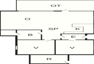 Plattegrond van 6-persoons vakantiehuis in Børkop, Denemarken, met woonkamer, keuken en terras.