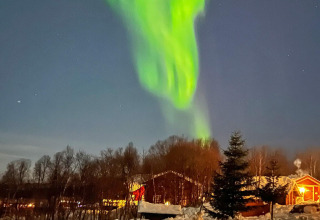 Noorderlicht straalt boven een knus chalet in het besneeuwde bos van Jarfjord, Zweden, onder een sterrenhemel.