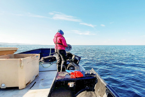 Person in roter Jacke auf einem Fischerboot in Schweden, schaut auf das Wasser unter blauem Himmel.