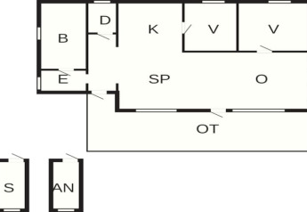 Plan d’un chalet de vacances pour 7 personnes à Jarfjord, Suède, avec pièces identifiées par lettres.