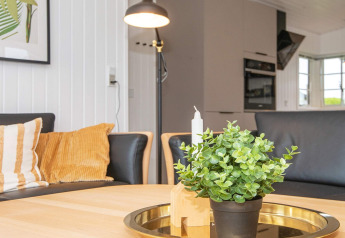 Salon lumineux du Renovated Beach House au Danemark avec canapés noirs, coussins et plante verte.