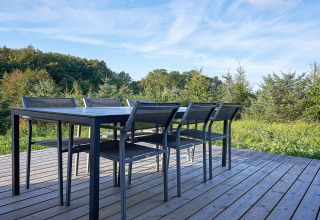 Table extérieure et six chaises sur terrasse en bois avec vue sur la forêt au gîte 8 personnes à Aakirkeby, Danemark.