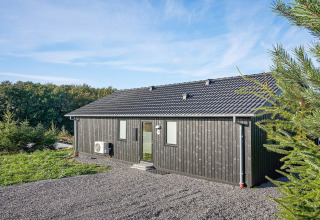 Casa vacanze in legno nero con tegole grigie immersa nel verde ad Aakirkeby, Danimarca, per 8 persone.