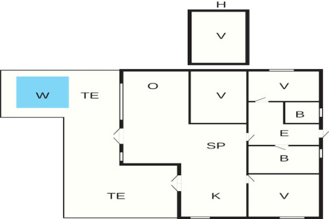 Plan d'une maison de vacances pour 8 personnes à Aakirkeby, Danemark, avec chambres et piscine.