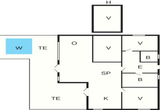 Plattegrond van een 8-persoons vakantiehuis in Aakirkeby, Denemarken, met kamers en zwembad.