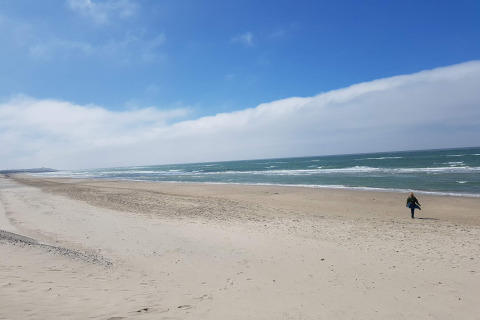 Spiaggia tranquilla a Hjørring, Danimarca, vista dalla casa vacanze con una persona che cammina sulla riva.