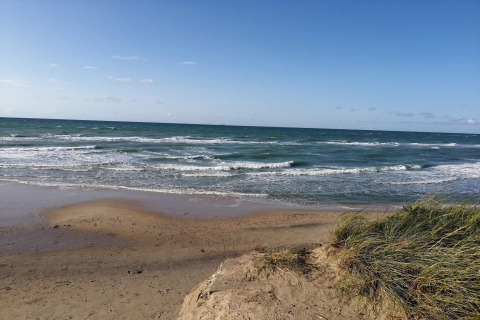 Vista panoramica sulla costa vicino a Hjørring, Danimarca, con spiaggia sabbiosa e onde.