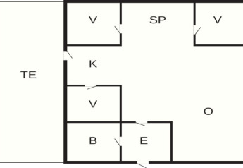 Grundriss eines Ferienhauses für 7 Personen in Hjørring, Dänemark, mit Zimmern und Gemeinschaftsbereichen.