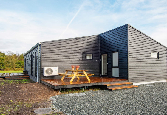 Casa vacanze moderna per 8 persone ad Ansager, con rivestimento nero, terrazza e tavolo da picnic fuori.
