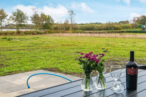 Vue d’un lodge avec vin, fleurs et verres sur la table, champ vert à Ansager, Danemark.