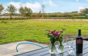 Vue d’un lodge avec vin, fleurs et verres sur la table, champ vert à Ansager, Danemark.